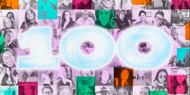 A rectangular collage graphic of the current Autostraddle team with the text “100” on top. The background is a grid of 100 grainy photos in black and white of the faces of the staff and writers. There are small squares in lime green, bright orange, fuchsia, and cyan colors overlayed on top of the photos as if to color the photo. On top of the photo grid is the text “100" in large wide chunky font with a thin white outline. The text is filled with a white and blue gradient that appears to be glowing. The letters radiate a lavender gradient noise shadow that fades into transparency so the photos behind can be seen. Team members shown in the collage are: Riese Bernard, Carmen Phillips, Anya Richkind, Nico Hall, Kayla Kumari Upadhyaya, Heather Hogan, Viv Le, Laneia Jones, Tracy Levesque, Ro White, Shelli Nicole, Vanessa Friedman, A.Tony Jerome, Abeni Jones, Amari Gaiter, Analyssa Lopez, Ashni Mehta, Casey Stepaniuk, Christina Tucker, Dani Janae, Darcy Cooper, Drew Gregory, Em Win, Himani, Julie Gentile, KaeLyn Rich, Katie Reilly, Lily Alvarado, Meg Jones Wall, Niko Stratis, Sa’iyda Shabazz, Sally Neate, shea martin, Stef Rubino, Valerie Anne, Yash Canter.