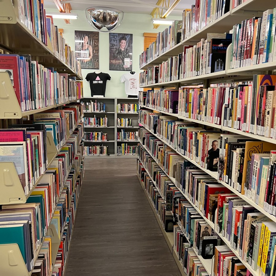 a room filled with bookshelves brimming with books, all different color spines, and a Silence = Death shirt in the background