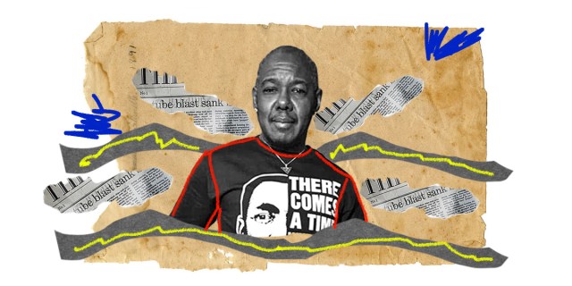 a black and white photo of Ray Gibson, a Black trans man and elder, is the center focal point of this collage. Beautiful collaged items including newsprint, colors, squiggles, and lines surround Ray.
