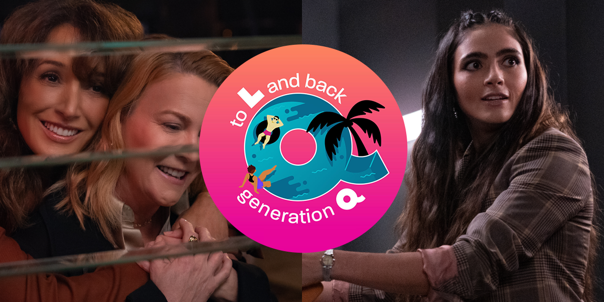 side one: bette & tina embracing, side two: dani looking surprised. to l and back tlwgq logo in the middle.