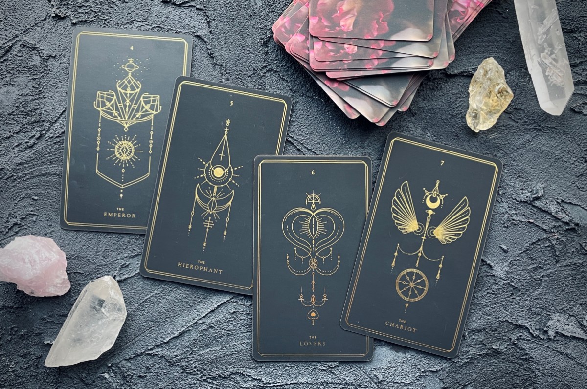 emperor, hierophant, lovers, and chariot cards from the soul cards deck