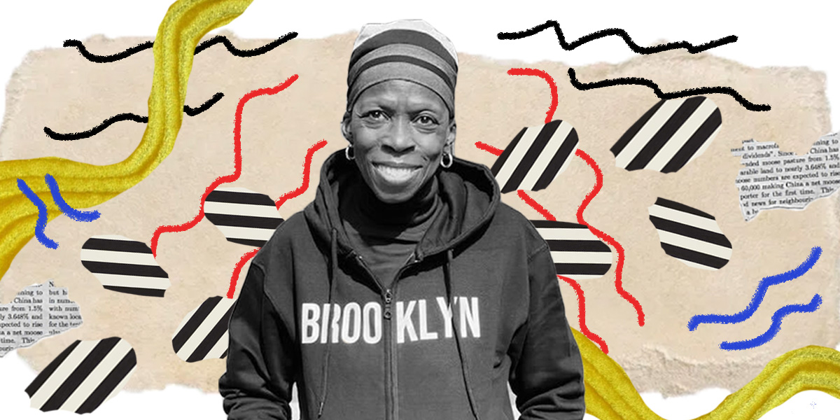 a black and white photo of Barbara Johnson, a Black woman and elder, is the center focal point of this collage. Beautiful collaged items including newsprint, colors, squiggles, and lines surround her. She's wearing a sweatshirt that says Brooklyn on the front.