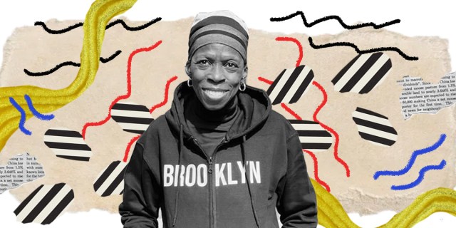 a black and white photo of Barbara Johnson, a Black woman and elder, is the center focal point of this collage. Beautiful collaged items including newsprint, colors, squiggles, and lines surround her. She's wearing a sweatshirt that says Brooklyn on the front.
