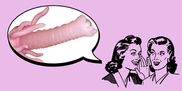 In the bottom right corner of the image, there is a black line drawing of two women with 1950s hairstyles whispering to each other against a pink background. In the upper left corner, there is a speech bubble. Inside the speech bubble, there is a long, hollow pink dildo with ridges around the shaft and tentacles extending off the base.