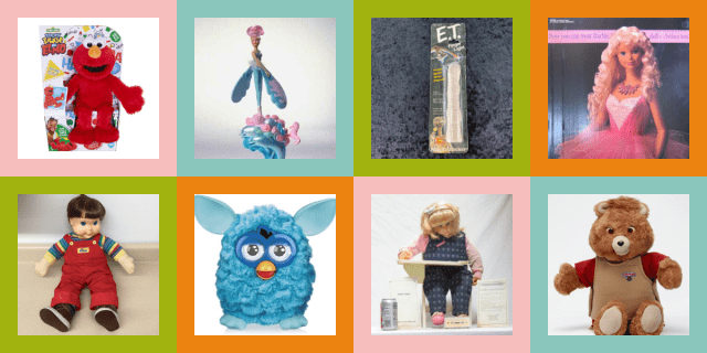 Tickle-me-Elmo, a Sky Dancer, an ET finger light, a My Size Barbie, a My Buddy Doll, a Furby, a Susie Scribbles, and a Teddy Ruxpin