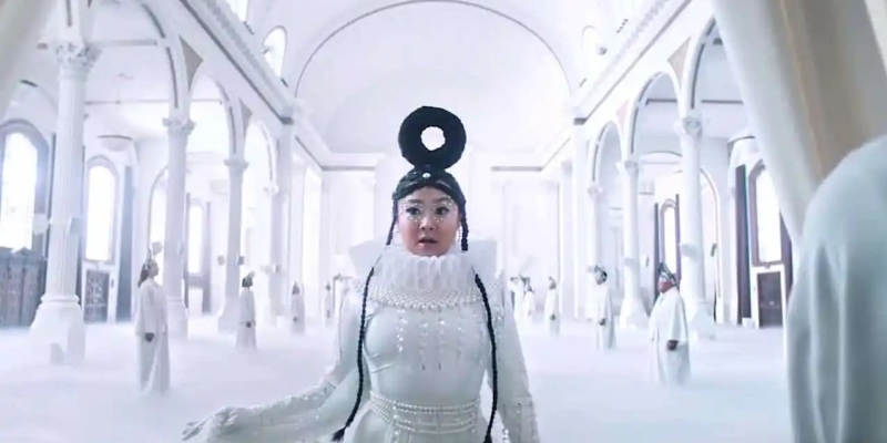 Stephanie Hsu in an elaborate sci-fi white outfit with a royal collar stands in a white liminal space with other people dressed in white robes behind her.