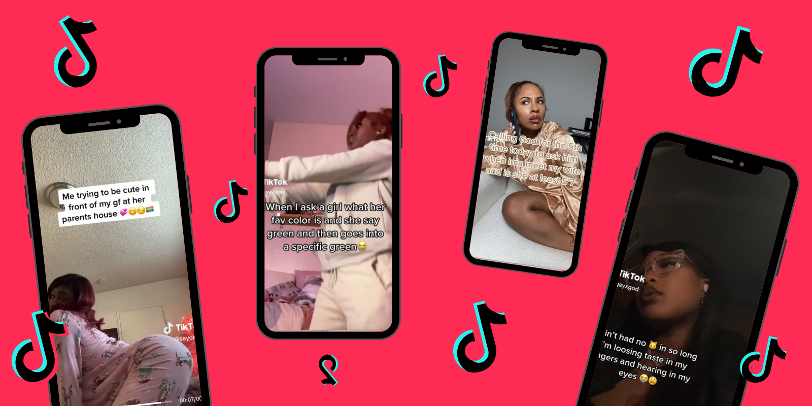 Four phones with screenshots of various TikTokson a light teal background, the TikTok logo floats in between them all