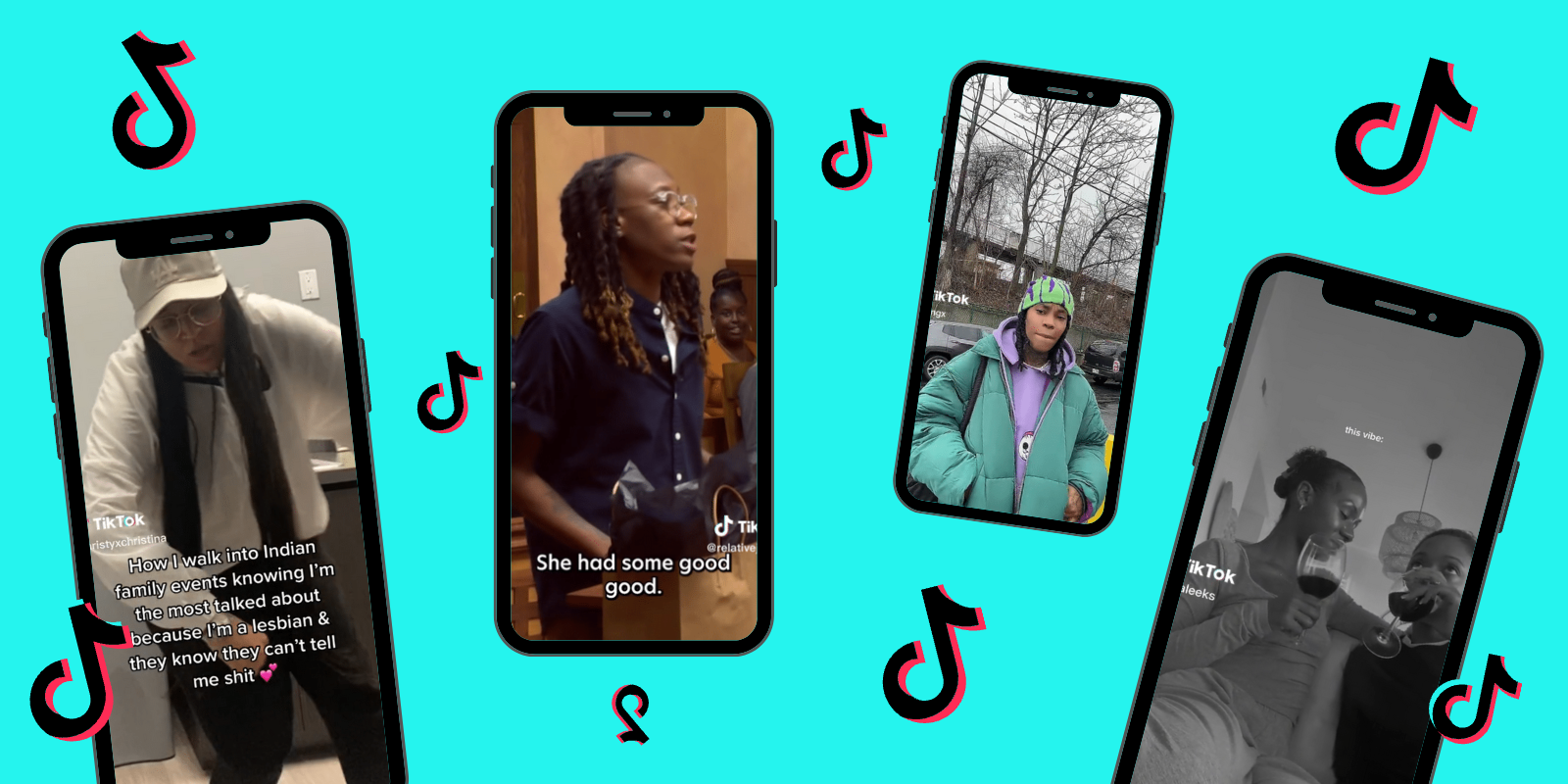 Four phones with screenshots of various TikTokson a light teal background, the TikTok logo floats in between them all