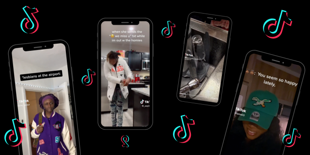 Four phones with screenshots of various TikToks on a Black background, the TikTok logo floats in between them all