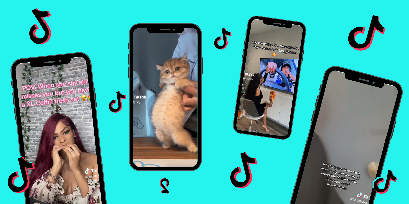 Four phones with screenshots of various TikTokson a light teal background, the TikTok logo floats in between them all