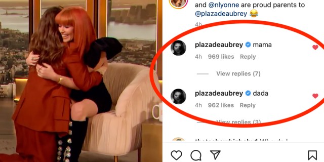 a screenshot from The Drew Barrymore Instagram, featuring Drew and Natasha Lyonne embracing during a clip where they announced they were Aubrey Plaza's mommy and daddy. On the right you can see the comment section where Aubrey herself has commented "mama" and "dada."