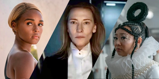 A collage of Janelle Monae in Glass Onion, Cate Blanchett in Tar, and Stephanie Hsu in Everything Everywhere All at Once