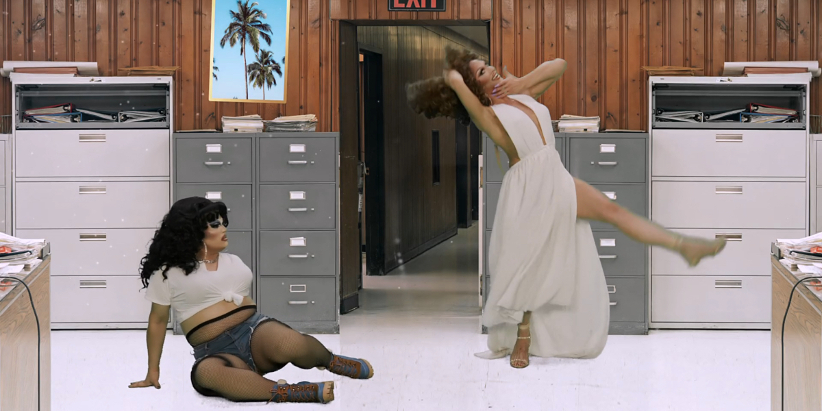 Drag Race 1503 recap: With a green screen workplace backdrop Salina EsTitties lies on the ground and looks up at Sasha Colby who is in a white dress and breaking her neck.