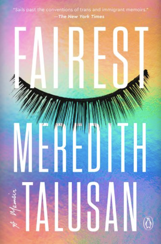 the cover of fairest - has a rainbow gradient background with a bold false eyelash laid atop it. the text is large and white.