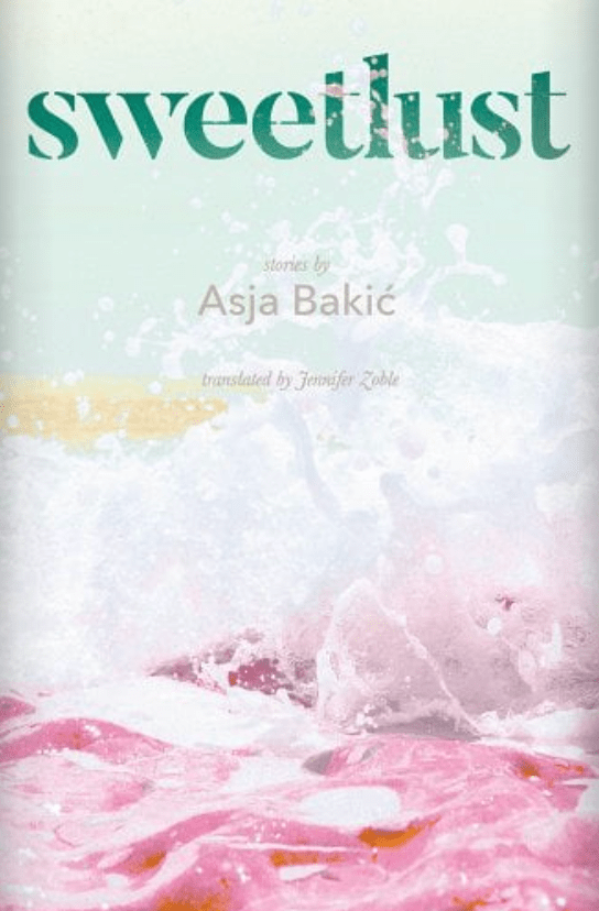 the cover of sweetlust has the title in green at the top and a photo of crashing white and pink liquid waves