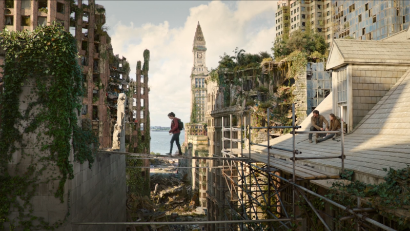 The Last of Us: Joel and Tess sit on a roof while Ellie walks across a plank between buildings