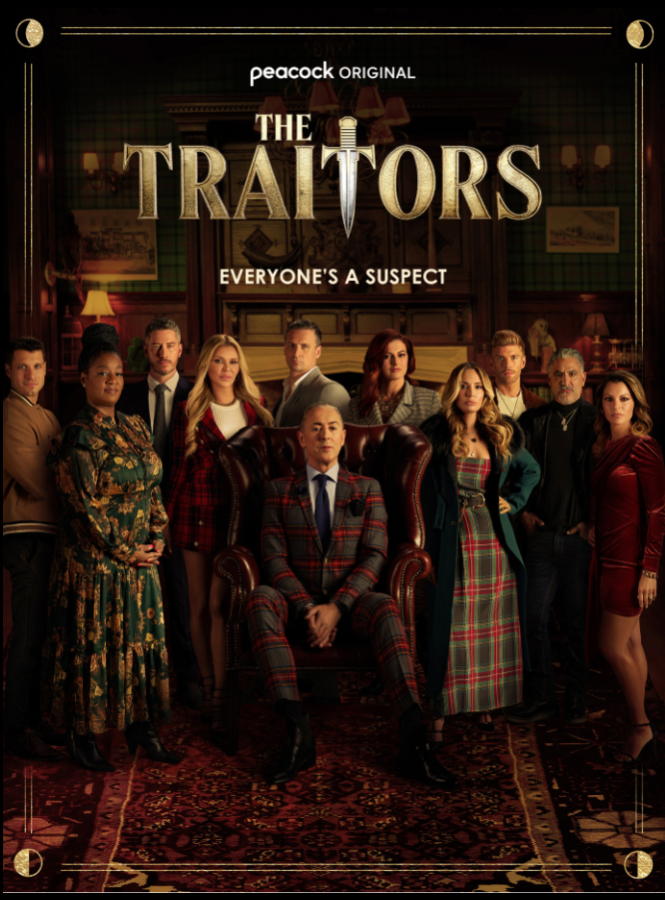 the cover of the traitors featuring a bunch of rich looking people in a dark gothic mansion type setting