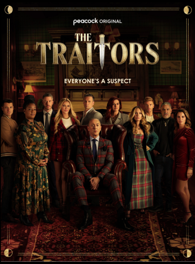 the cover of the traitors featuring a bunch of rich looking people in a dark gothic mansion type setting