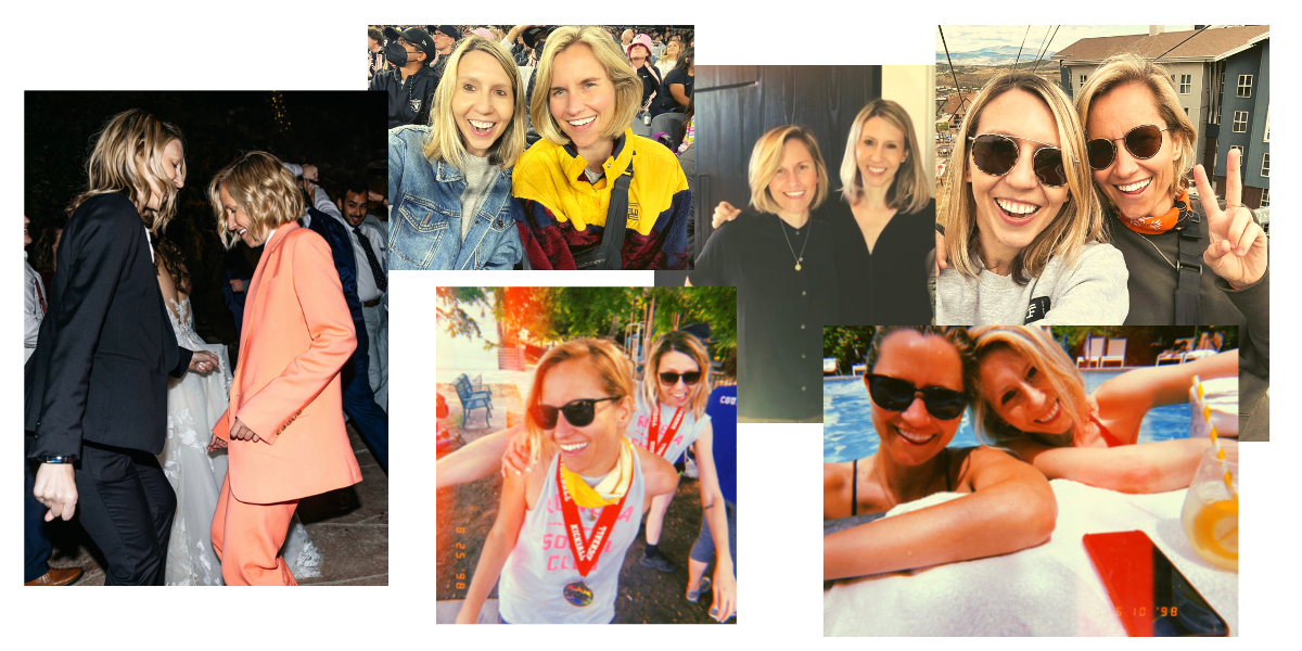 collage of riese and gretchen: dancing at a wedding, at an angel city football game, after winning the kickball championship, on thanksgiving dressed in black for some reason, on a chairlift in Utah in sunglasses with the mountains behind them, and poolside in Palm Springs