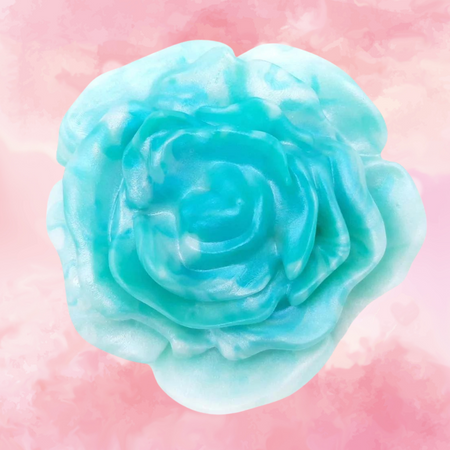 Against a white and pink background covered in hearts, their is a light blue silicone grinding toy shaped like a rose.
