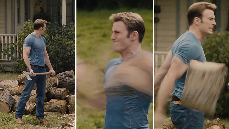 Captain America chopping wood and also ripping a log in half with his bare hands