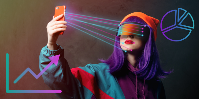 a cyberpunk lass looks into a phone that is beaming lasers toward her face which is mostly covered by a holographic visor. There are varioius charts superimposed on top of the image