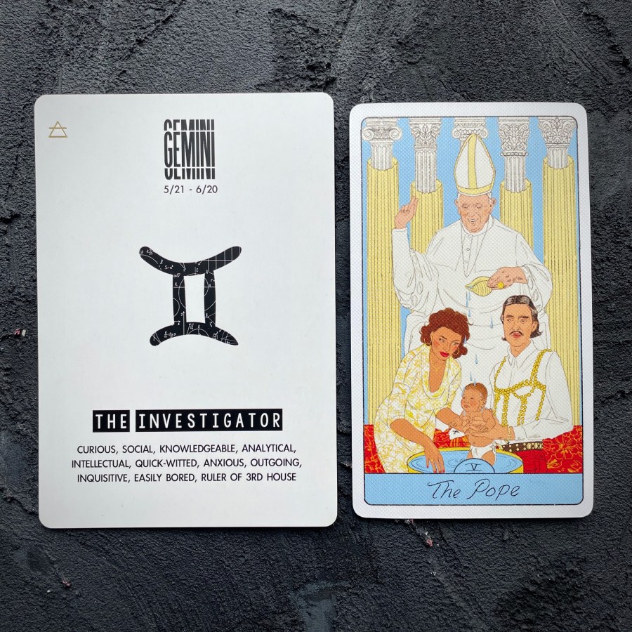 Gemini: The Investigator. The tarot card is: The Pope.