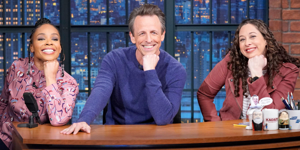 Amber Ruffin and Jenny Hagel join Seth Meyers for the segment Jokes Seth Can't Tell on Late Night