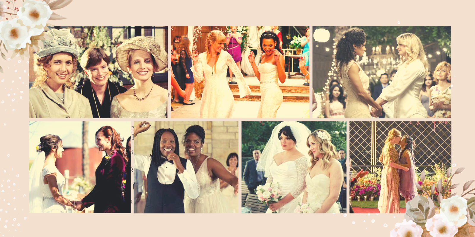 Lesbian weddings feature image: Friends, Glee, The fosters, Wynonna Earp, The chi, Grey's Anatomy and Nomi + Amanita