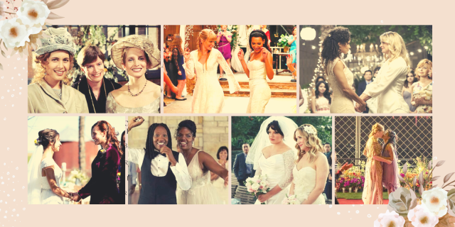 Lesbian weddings feature image: Friends, Glee, The fosters, Wynonna Earp, The chi, Grey's Anatomy and Nomi + Amanita