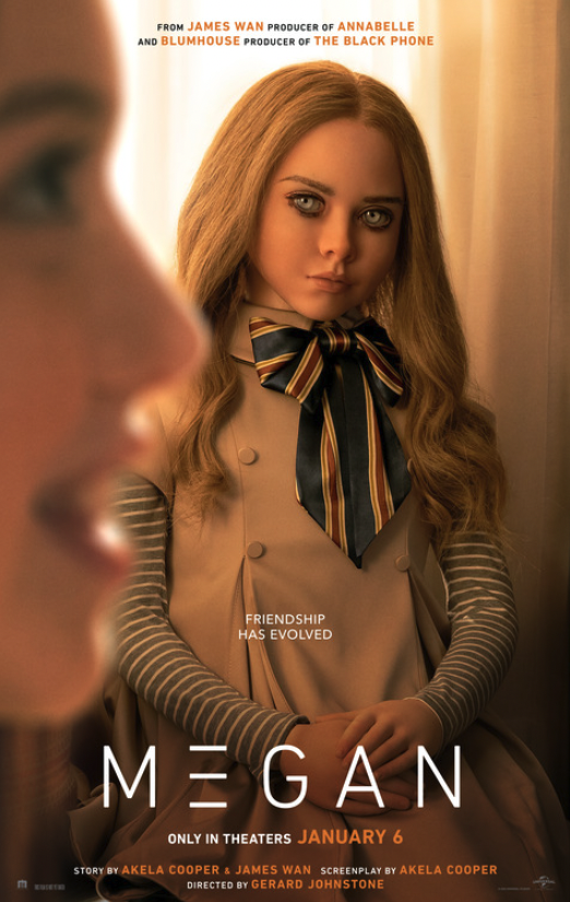the doll megan is in focus in the background, staring evilly at an oblivious human girl in the foreground