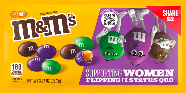 A yellow package of peanut M&Ms with Green, Purple, and Brown flipped upside down.