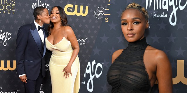Jessica Betts kisses Niecy Nash on the cheek + Janelle Monae smiles at the camera. Both photos are from the read carpet of the 2023 Critics Choice Awards.