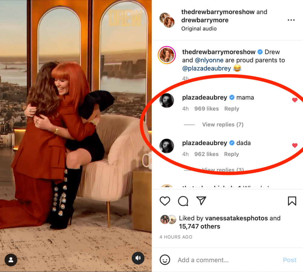 a screenshot from The Drew Barrymore Instagram, featuring Drew and Natasha Lyonne embracing during a clip where they announced they were Aubrey Plaza's mommy and daddy. On the right you can see the comment section where Aubrey herself has commented "mama" and "dada."