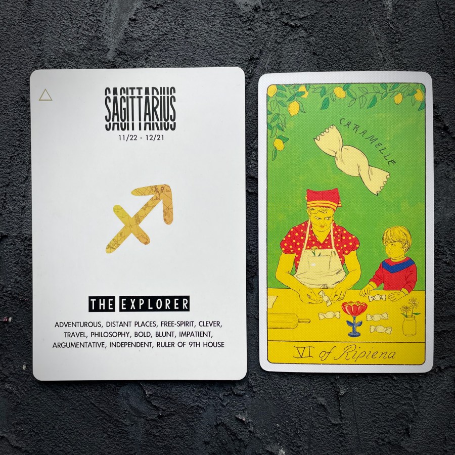 Sagittarius: The Explorer. The tarot card is: Six of Ripiena / Cups.