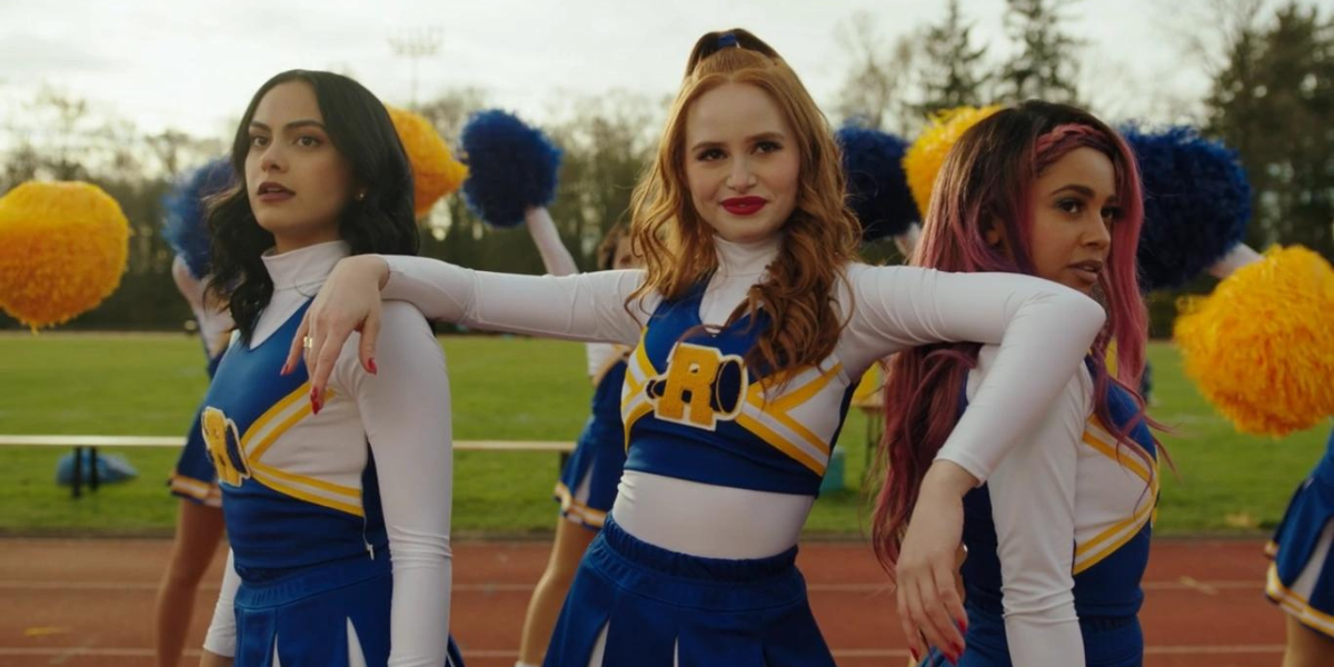 Veronica, Cheryl, and Toni in their cheerleading uniforms on Riverdale