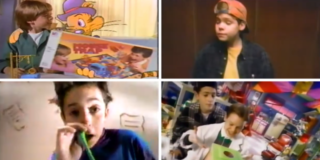 A young blonde boy with a bowl cut in a Mouse Trap commercial from the 90s, a young boy in a backwards cap in an elevator for a Talkboy commerical from the 90s, a young boy pulling Nickelodeon's GAK out of his nose from a 90s commercial, and two young boys in a Creepy Crawlers laboratory with one wearing a lab coat and the other in a flannel in a commercial from the 90s