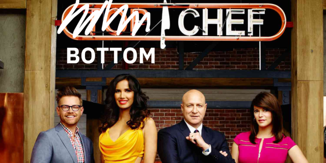 The judges of Top Chef stand under the Top Chef logo, but TOP has been scratched out and it says BOTTOM underneath.