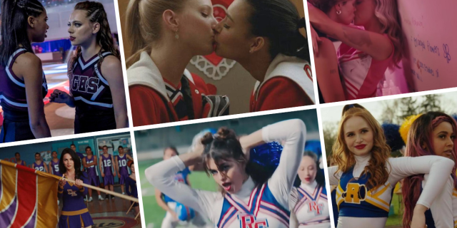 1. Addy and Beth in their cheerleading uniforms in Dare Me. 2. Brittany and Santana kissing in their cheerleading uniforms in Glee. 3. A cheerleader kissing a goth girl in Zolita's music video. 4. Jennifer Check in her cheerleading uniform in Jennifer's Body. 5. Kaia Gerber dancing in a cheerleading uniform in Bottoms. 6. Cheryl and Toni in their cheerleading uniforms in Riverdale.