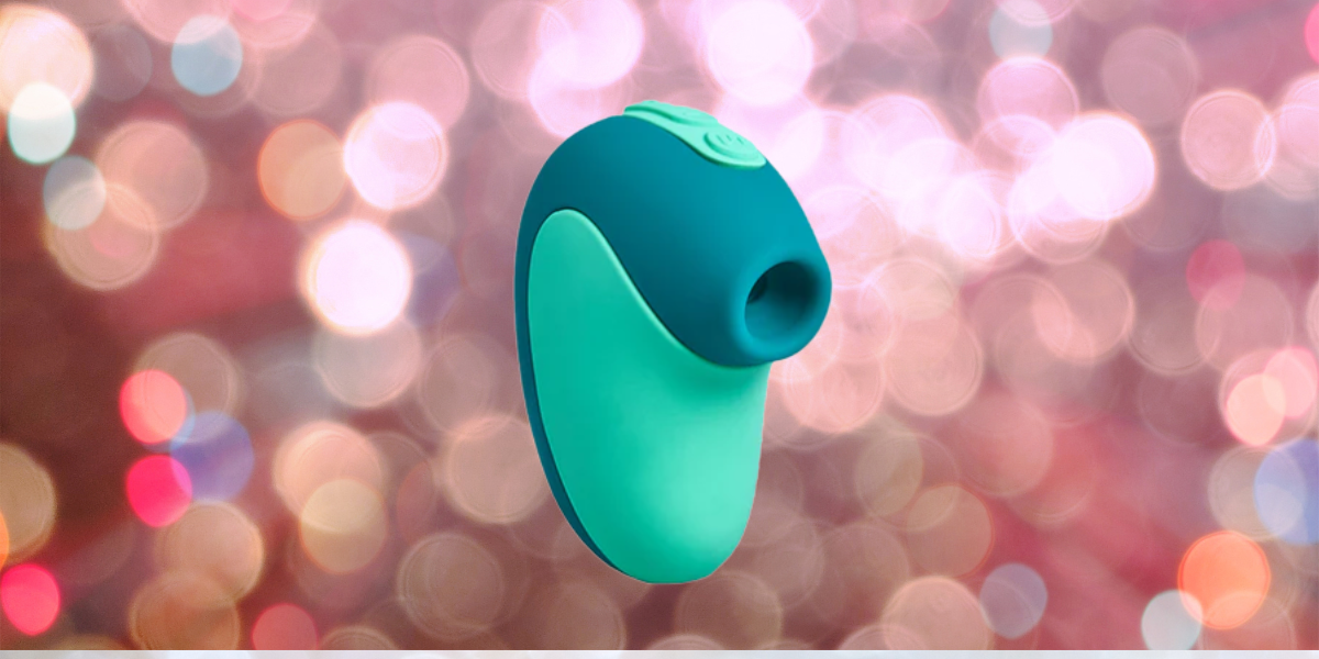 the teal and blue sex toy has a curved shape and a hole for suction