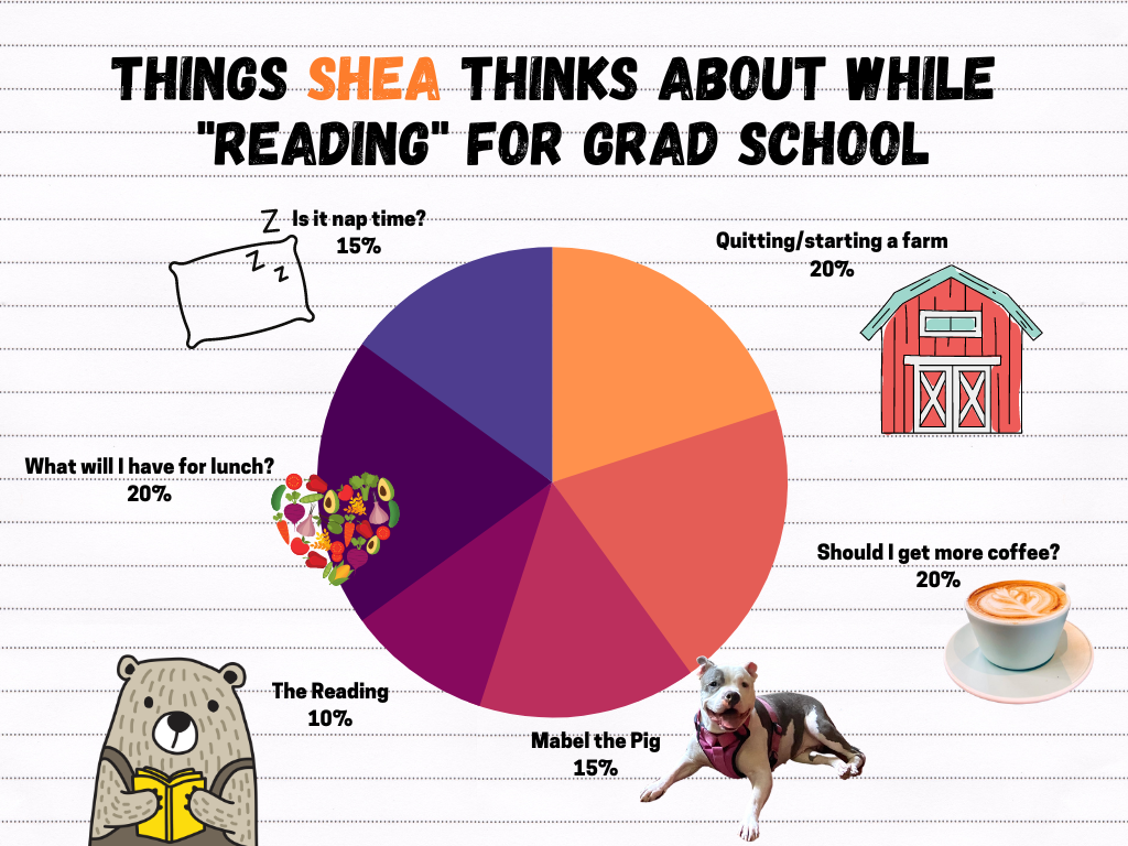 things shea thinks about while "reading" for grad school. this is a pie chart. 15% - is it nap time? 20% quitting / starting a farm. 20% should i get more coffee?. 15% mabel the dog. 10% the reading. 20% what will i have for lunch?