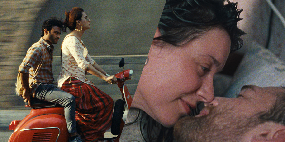 Images from Joyland and Slow side by side. In the first image a cis man rides on the back of a moped driven by a trans woman. In the second image a man and a woman kiss in bed.