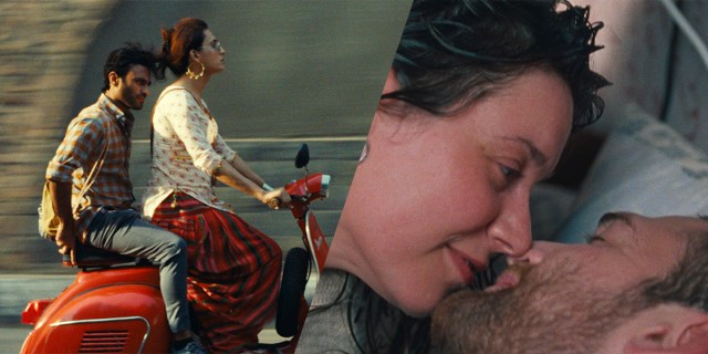 Images from Joyland and Slow side by side. In the first image a cis man rides on the back of a moped driven by a trans woman. In the second image a man and a woman kiss in bed.
