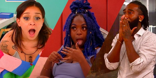 Sam Carmona, Chaz Lawrey, and Raven Sutton all making shocked faces on The Circle season 5