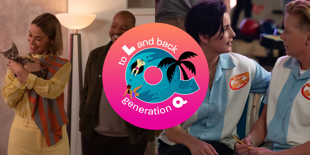 To L and Back Generation Q Edition logo with two images behind it: one of Alice cradling a kitten and the other of FInley and Misty talking at bowling