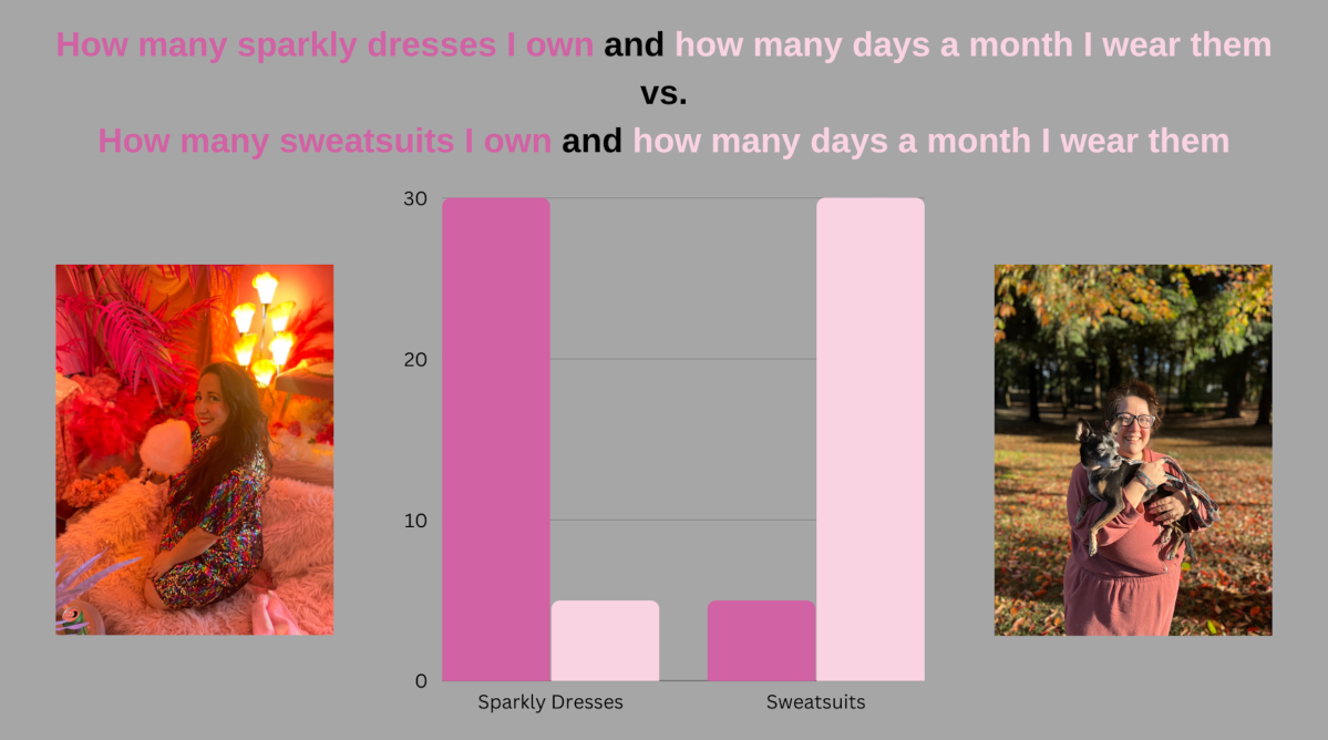 Vanessa has a chart of how many sparkly dresses she owns vs how many days a month she wears them vs the same for sweat suits. it is a bar graph. it shows she owns 30 sparkly dresses and wears them maybe less than five days a month. She owns less than five sweatsuits and wears them roughly 30 days a month.
