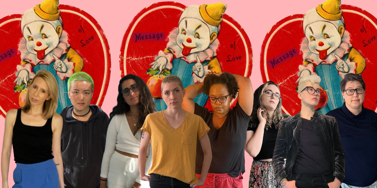 the autostraddle team is collaged in front of a terrifying looking vintage valentine with a clown child on it sticking out its tongue