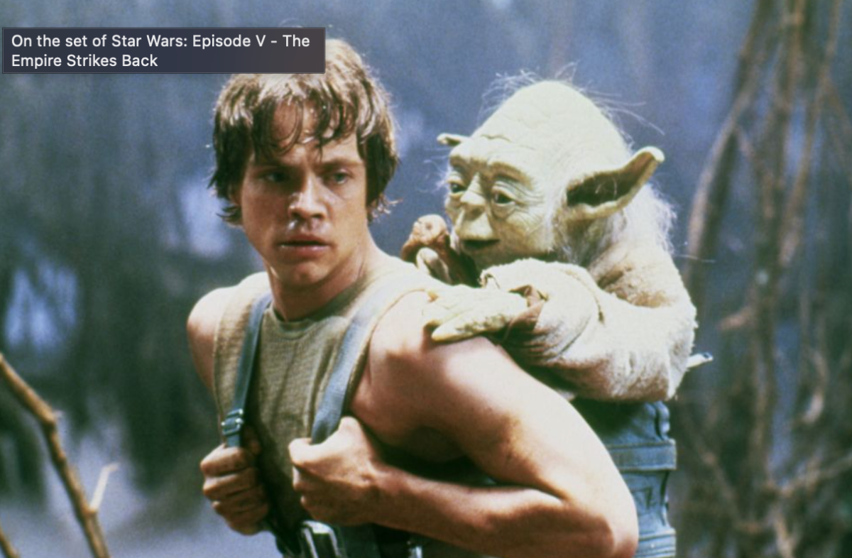 a screencap from the empire strikes back movie with yoda, a weird little green hairy alien thing, gripping onto luke skywalker's back and riding him around. luke looks sweaty and beleaguered.