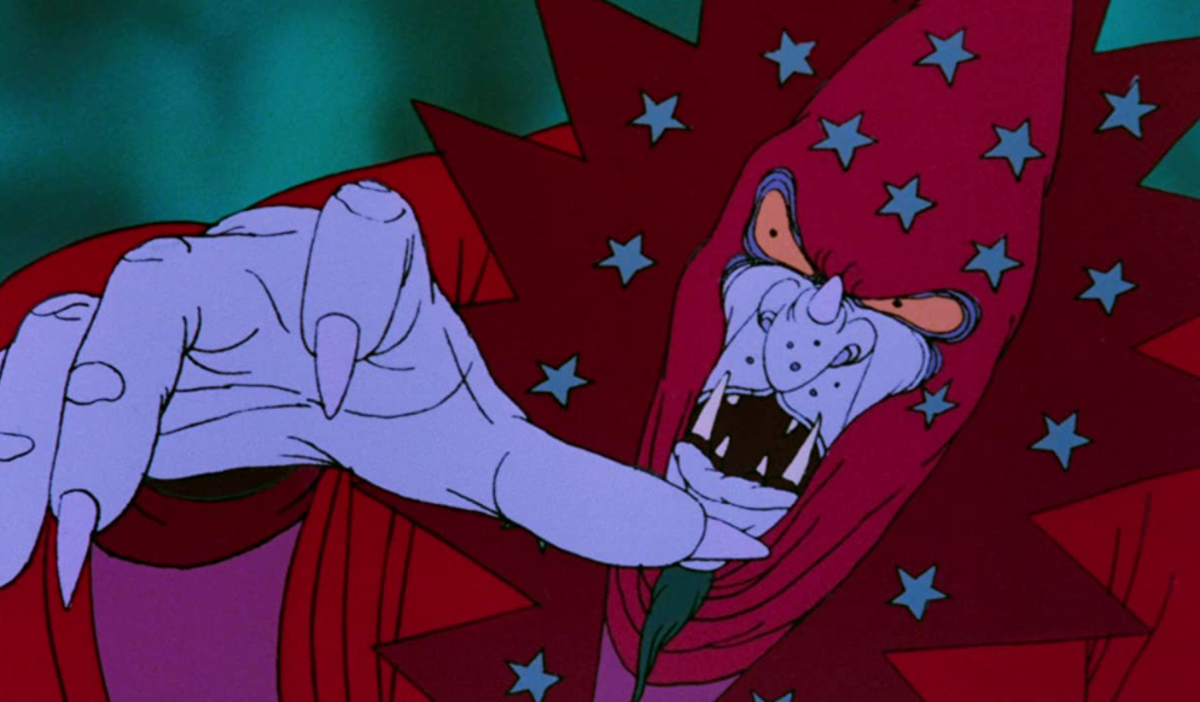 a purple wizard wearing a studded red outfit and cap reaches out toward the viewer. he has sharp nails and evil orange eyes and sharp teeth