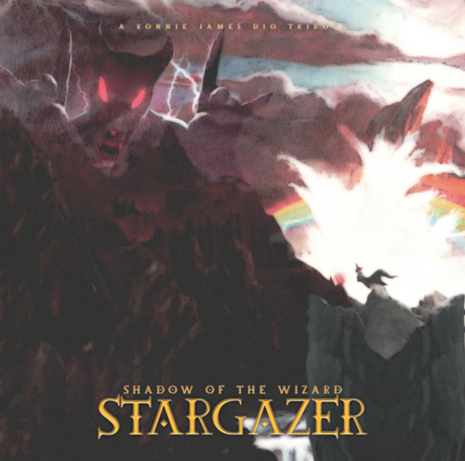 the album cover of stargazer by rainbow. it shows a wizard standing on a mountain and some blasting business behind him as well as this giant monster